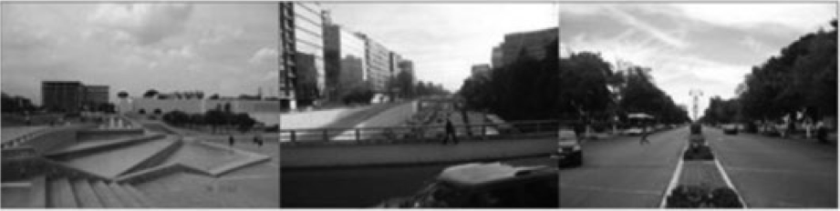 Ejemplos de ciudad. A la
izquierda, Macroplaza, Monterrey, Nuevo León; al
centro, Ciudad de México y a la derecha, Paseo de Montejo, Mérida, Yucatán.
Fotografías de Nicte-Há Gutiérrez Ruiz.