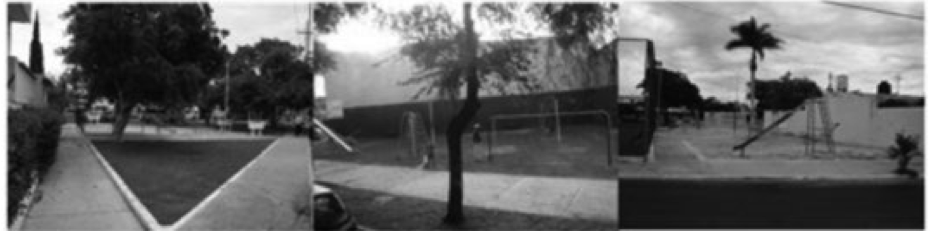 Espacio público contemporáneo. Izquierda, y derecha,
parques en Mérida, Yucatán; centro, parque en la ciudad de México. Puede
apreciarse el concepto de “parque” que se utiliza en algunos lugares, carente
de calidad y de las áreas mínimas para su uso adecuado, ubicados en espacios
residuales y con escasa vegetación. Fotografías de Nicte-Há
Gutiérrez Ruiz.