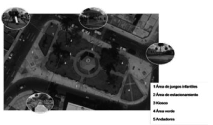  Vista
aérea del parque de la Ermita. Se pueden apreciar las áreas que lo conforman y
la vegetación. Fuente: Sistema de información geográfica de Mérida, Yucatán;
fotografías de Nicte-Há Gutiérrez Ruiz.