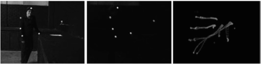 En el primer
cuadro un sujeto de estudio y los marcadores, en el segundo los marcadores
iluminados por la uv-a y en el
tercer cuadro se muestran la secuencia de sus recorridos.