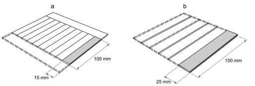 Seccionamiento de probetas para: a) ensayos
de flexión; b) ensayos de tracción. Espesor: 2.5 mm.