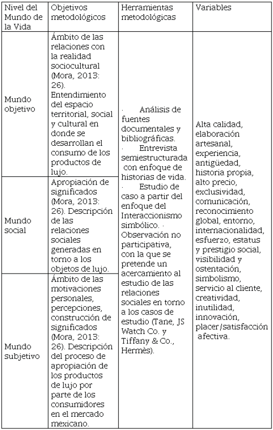 Objetivos, herramientas metodol&oacute;gicas y variables divididas
en los niveles del Mundo de la Vida