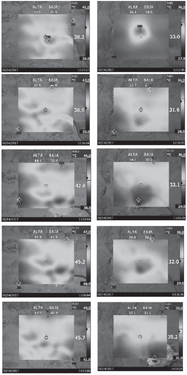 Fotos termogr&aacute;ficas obtenidas en la cara anterior y posterior del
panel de bahareque control durante la prueba de 2:30 horas.