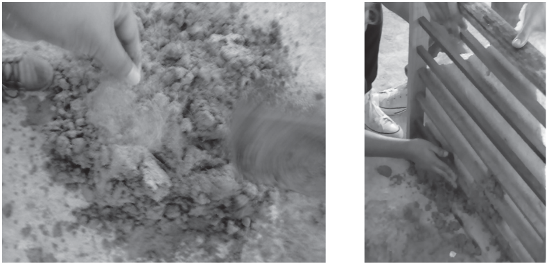 Proceso de relleno con la mezcla de suelo y
diferentes agregados, colocaci&oacute;n en los marcos de madera.