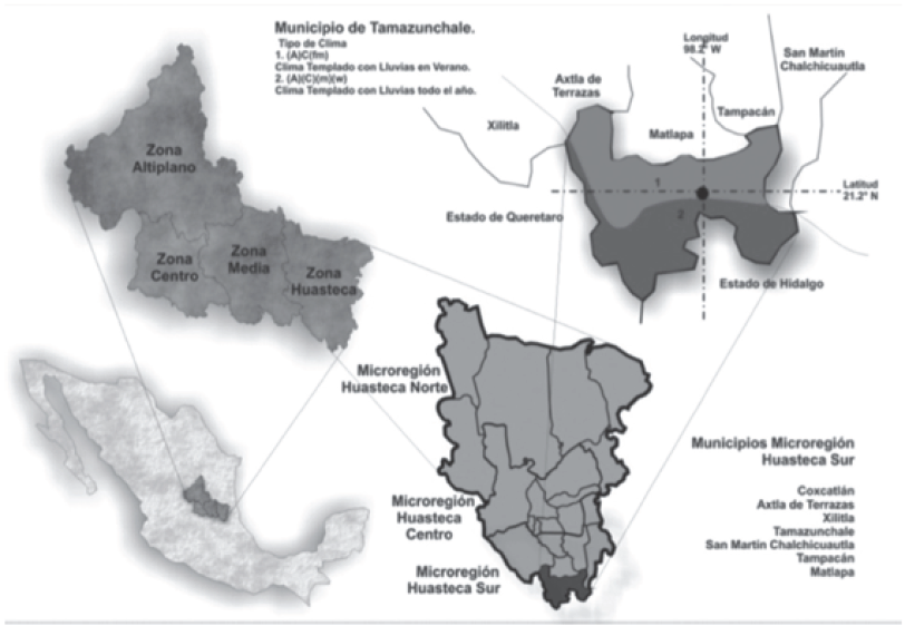 Ubicaci&oacute;n
geogr&aacute;fica y clim&aacute;tica del municipio de Tamazunchale,
SLP.
