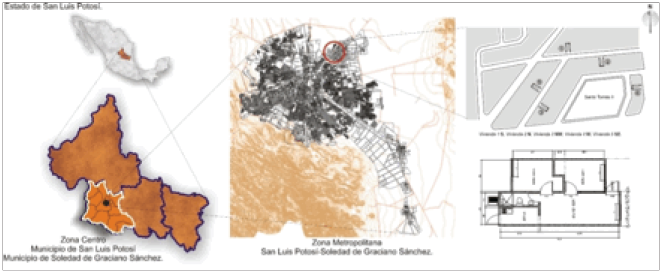 Ubicaci&oacute;n
geogr&aacute;fica de la Zona Metropolitana de San Luis Potos&iacute; y viviendas del caso de
estudio.