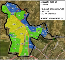 Distribuci&oacute;n de la
vivienda habitada dentro del pol&iacute;gono de pobreza Los Castillos.