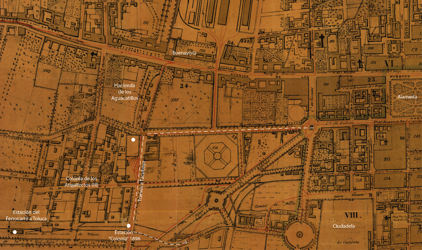 Figura 1. La colonia de los Arquitectos y sus conexiones con el tranv�a y el ferrocarril.