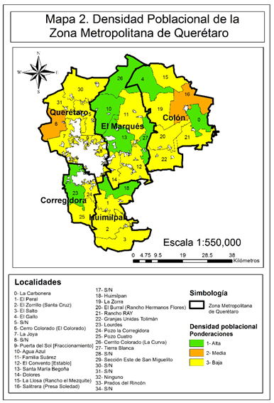 Mapa 2. Densidad Poblacional de la zona metropolitana de Quer�taro.