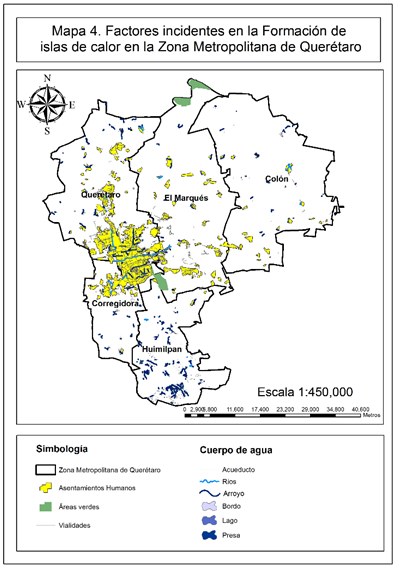 Mapa 4. Factores incidentes en la Formaci�n de islas de calor en la Zona Metropolitana de Qu�retaro.