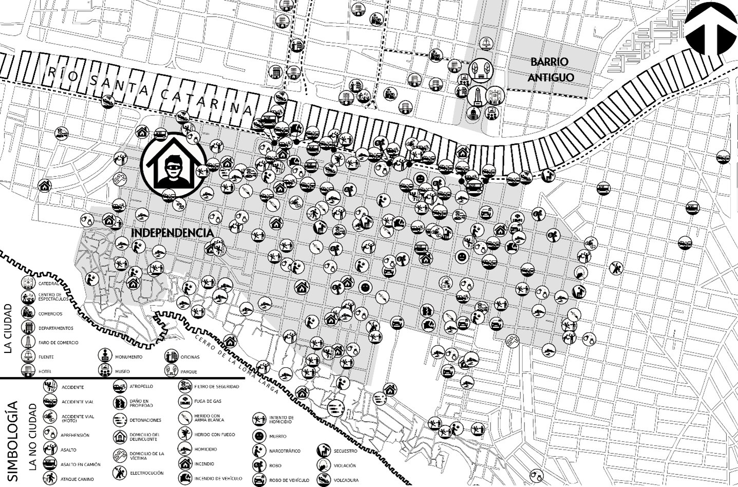 Figura 5. Representaci�n cartogr�fica de los eventos en la Colonia Independencia (notas period�sticas) e im�genes hegem�nicas sobre Monterrey (buscador).