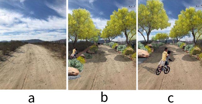 Figura 7. Ejemplos de fotos actuales (a) y co-diseados-implementacin infraestructura verde fotomontajes (b y c).