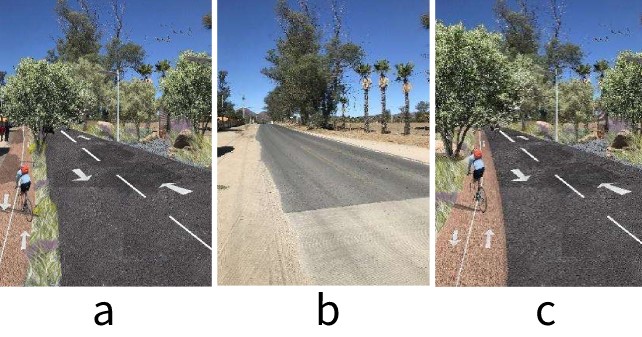 Figura 8. Ejemplos de fotos actuales (a) y co-diseados-implementacin infraestructura verde fotomontajes (b y d).