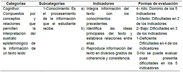 Categoras,  subcategoras, indicadores y formas de evaluacin propuestos