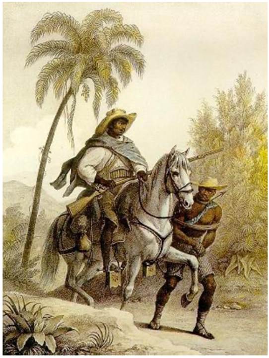 Rugendas, Maurice. "El cazador de recompensas buscando esclavos fugitivos". Enciclop�dia Ita� Cultural de Arte e Cultura Brasileira. Ita� Cultural, 2025, https://commons.wikimedia.org/wiki/Johann_Moritz_Rugendas#/media/File:Capitao-mato.jpg.
