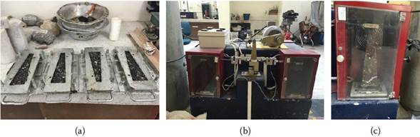 (a) Elaboraci&oacute;n de las briquetas trapezoidales, (b) equipo de ensayo, (c) falla de la briqueta RAP original