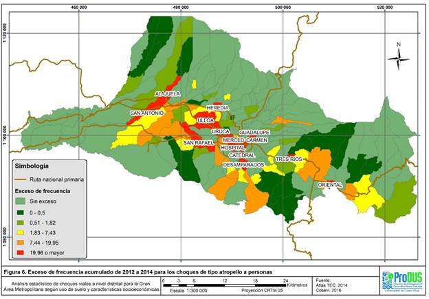 Distribuci&oacute;n espacial de los distritos con exceso de atropellos