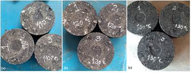 a) Muestras a 110 &deg;C; b) a 120 &deg;C; c) a 130 &deg;C
