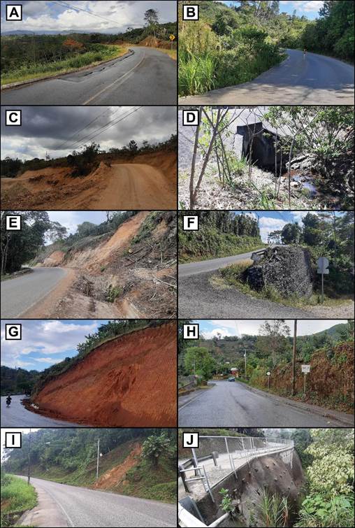 A) y B) Vista de la estructura de pavimentos con fallas en los estacionamientos + 18 y + 19 km. C) Deslizamiento en el estacionamiento 15 + 580 km. D) Alcantarilla circular típica cerca del poblado de La Lucha. E) Corte en bermas de talud entre estaciones + 17 y + 18 km. F) Vista de estructuras de muro de gaviones en la ruta. G) Falla en talud cercano a La Lucha (+ 23 km). H) Vista del final de la ruta, sector norte en Las Mellizas. I) y J) Falla en talud y muro anclado, sector de San Vito conjunto a la quebrada Pavo y el aeródromo