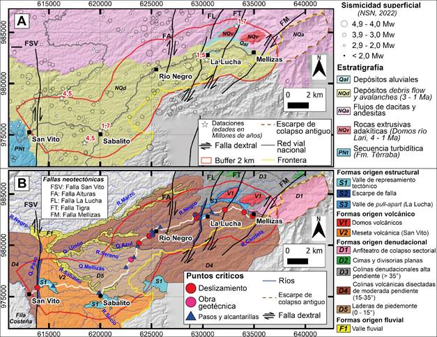 A) Mapa geológico regional con fallas activas y sismicidad superficial, basado en Alfaro et al. (2018), Arroyo (2001) y Denyer y Alvarado (2007). B) Modelo geomorfológico propuesto, inventario de deslizamientos y pasos de cauce