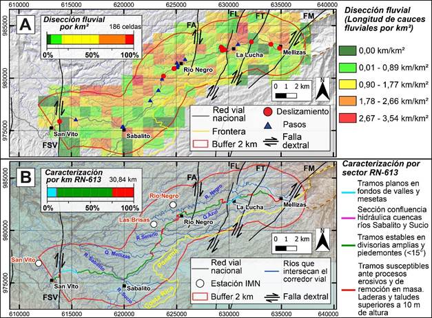 A) Densidad de drenajes por km2 dentro del corredor. B) Zonificación de la RN-613 en sitios estables y propensos ante procesos de remoción en masa