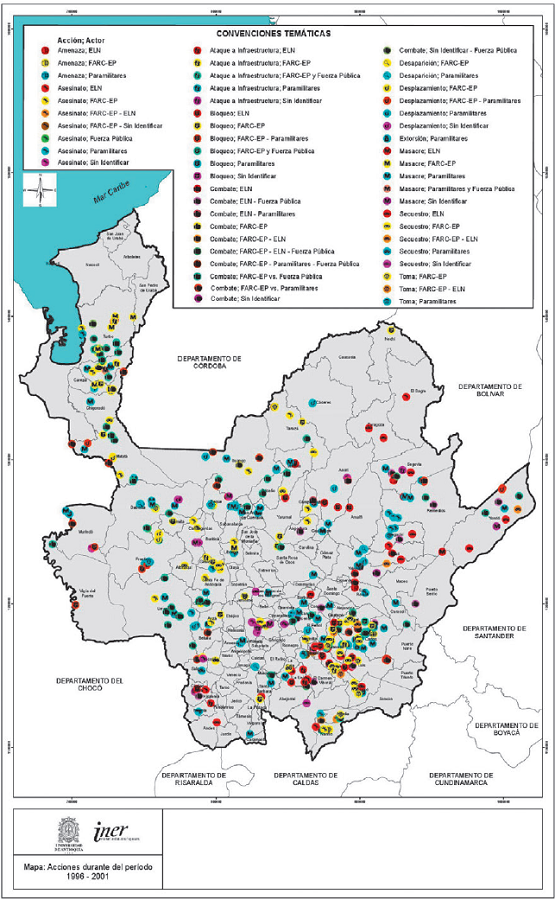 Distribuci&oacute;n de acciones y estrategias armadas en Antioquia, periodo 1996-2001. Revisi&oacute;n de prensa. 