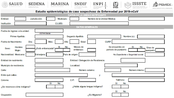 Formato de registro de pacientes sospechosos con COVID-19, m&oacute;dulos de datos generales.