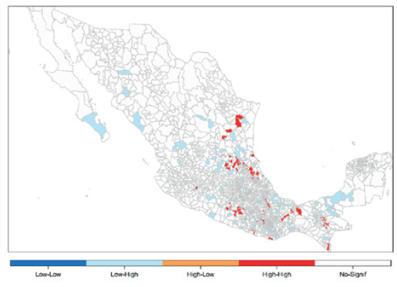 ndice de Moran local de carencia de acceso a agua en viviendas particulares habitadas en municipios de Mxico 2020