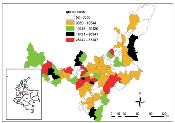Map: Boyac�: Agricultural Production 2013 (t). 