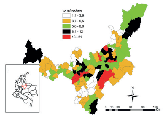 Map: Boyac�: Yield of Agricultural Output (t/ha).