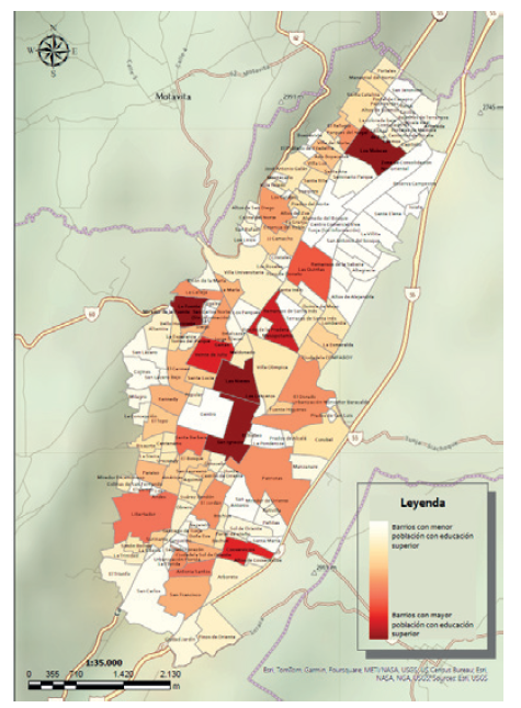 Map of university education by neighborhoods in Tunja 