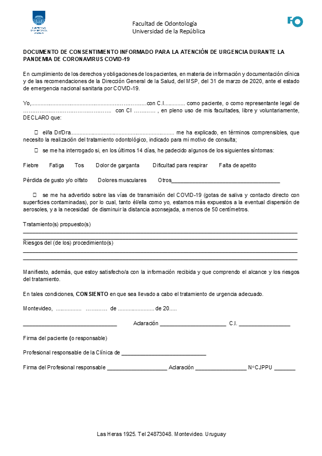 Consentimiento Informado para la atenci&oacute;n de urgencia durante la pandemia de Coronavirus COVID-19