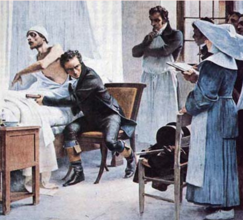 Théobal Chartrán (1849-1907). Laennec auscultando a un tísico en el Hospital Necker de París (1889). Pese a que practica la auscultación inmediata, se observa el estetoscopio de su invención en la mano izquierda. Fuente: Wikimedia Commons