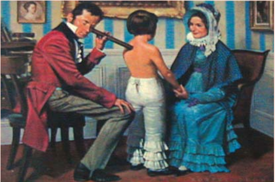 Robert A. Thom (1915-1979). Laennec auscultando a una niña bajo la atenta mirada de su madre (1960). Fuente: WikimediaCommons