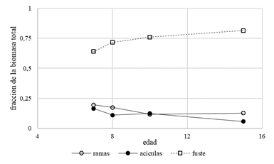 Evolución de las fracciones de biomasa área
(acículas, ramas y fuste) a lo largo de las edades estudiadas en pino híbrido.
Acículas (●), ramas (○) y fuste (□ ).