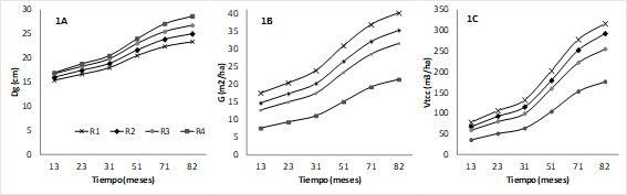 Perfiles longitudinales de las 4 intensidades de raleo evaluadas en P. elliottii var elliottii x P. caribaea var hondurensis. 1A) dimetro cuadrtico medio (cm); 1B) rea basal (m2.ha-1) y, 1C) volumen total con corteza (m3.ha-1).