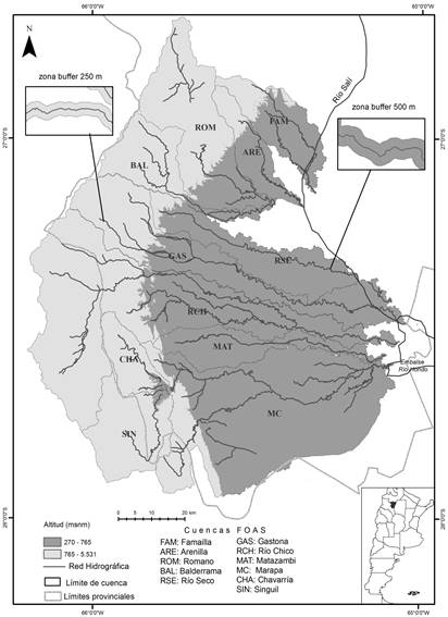 Área de estudio (FOAS),
Provincia de Tucumán, Argentina. Zonas según gradiente altitudinal: alta/baja
(tonos de gris claro/oscuro, respectivamente). Representación del área
buffer de las zonas ribereñas de las cuencas FOAS, según zonas de altitud.