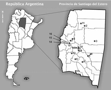 Ubicación de organizaciones e instituciones que trabajan en el Chaco Semiárido 1 INCUPO 2 UNPPSAN 3 MOCASE 4 FUNDAPAZ 5 GADE 6 SEPyD 7 AFIH 8 Central campesina salado norte 9 ADOBE 10 INTI ATUM 11 El Ceibal 12 PROPAD 13 Mesa de tierras de Ojo de agua 14 Prohuerta INTA 15 INTI 16 UNSE 17 La Criollita 18 Tukuypaj Huasi 19 A la canasta