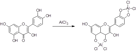 Ecuación química de la reacción entre el flavonol quercetina y cloruro de aluminio