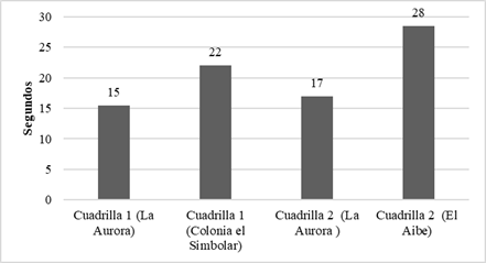 Tiempos efectivos promedio de ejecución en hoyado según cuadrilla y lugar.