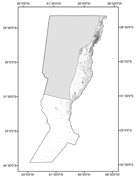 Distribución espacial de comunidades leñosas (en gris oscuro) y cuerpos de agua (en negro) en el área de trabajo en la provincia de Santa Fe.