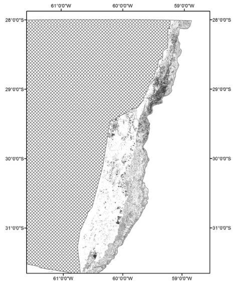 Distribución espacial de comunidades leñosas (en gris oscuro) y cuerpos de agua (en gris claro) en la porción norte del área de trabajo.