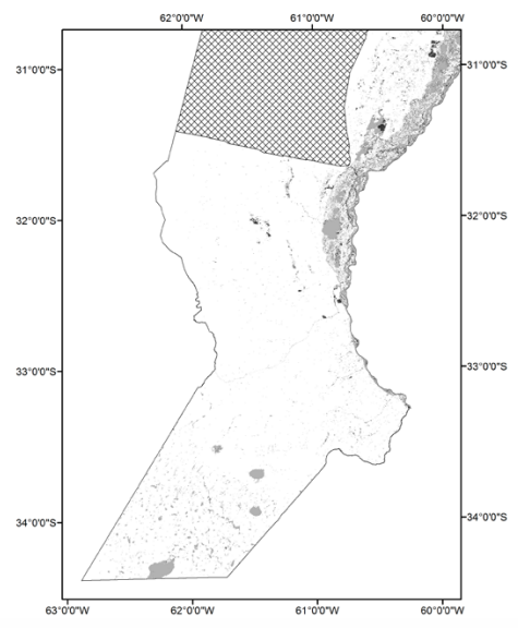 Distribución espacial de comunidades leñosas (en gris oscuro) y cuerpos de agua (en gris oscuro) en la porción sur del área de trabajo.
