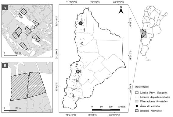 Ubicacin general de los sitios de muestreo en la Provincia de Neuqun. Rodales relevados con el VANT en el Campo Forestal Los Llanos (A) y en el paraje Poi Pucn (B).