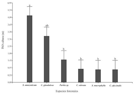 Incremento Medio Anual (IMA) de Diámetro al Ras del suelo (DARs) (cm) de 6 especies forestales.