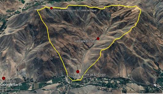 Mapa de la quebrada de El Copio, comuna de Monte Patria, Regin de Coquimbo, Chile.