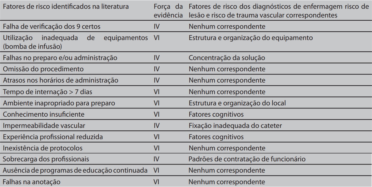 Correspondência entre os fatores de risco encontrados na literatura para
erros de medicação e os FR dos DE Risco de lesão e Risco de trauma vascular.
Natal, RN, Brasil, 2016