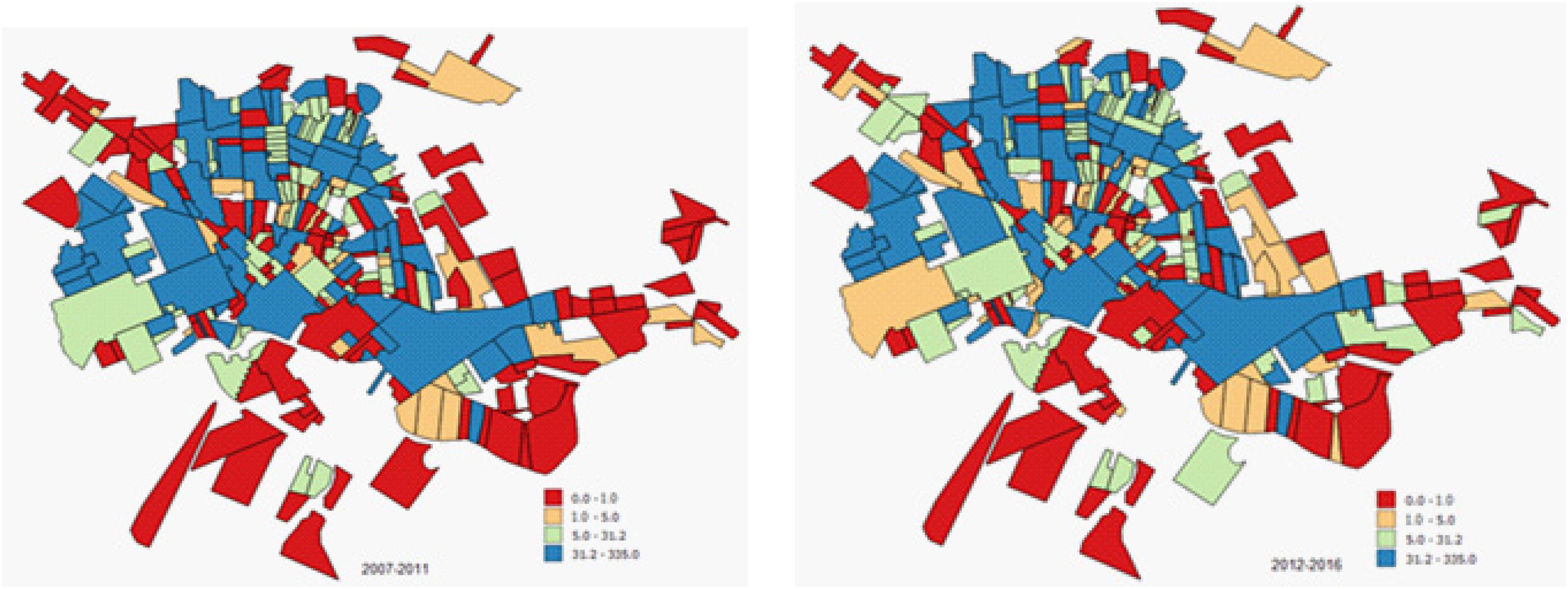 2a. Distribuição espacial da dengue do total de casos por bairro entre os anos 2007 a 2011, segundo os dados encontrados no SINAN. 2b. Distribuição espacial do total de casos por bairro entre os anos 2012 a 2016 segundo notificação do SINAN. Rondonópolis, MT, Brasil, 2017.