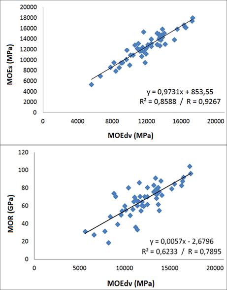 The relationships between the dynamic MOE determined by longitudinal vibration test and static MOE and MOR.