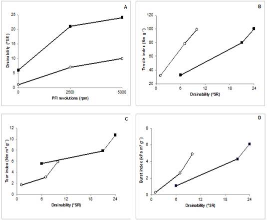 (A) Drainabiity and pulp strength properties of B. spiciformis (-■-) and P. angolensis (-❍-). (B) Tensile index, (C) tear index and (D) burst index.